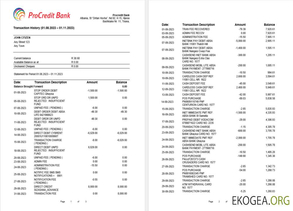 Modèle Word et PDF de relevé bancaire Albanie ProCreditBank, 3 pages template Modèle Word et PDF de relevé bancaire Albanie ProCreditBank, 3 pages template